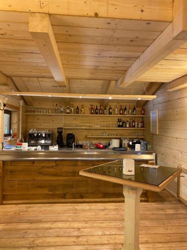 a large kitchen with a counter in a wooden room at HOTEL CAMPO STELLA in Leonessa