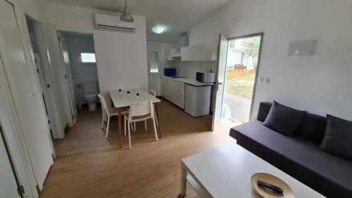a living room with a couch and a table at Sabiñanigo Camp & Hotel in Sabiñánigo
