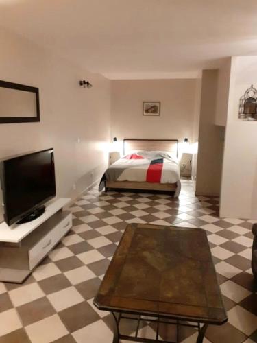 1 dormitorio con 1 cama, TV y mesa en Studio meublé 50m2 - Entrée indépendante en Demange-aux-Eaux