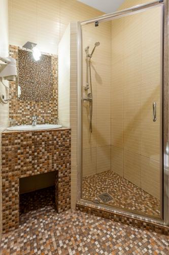a bathroom with a shower and a sink at Ambassador Plaza in Kyiv