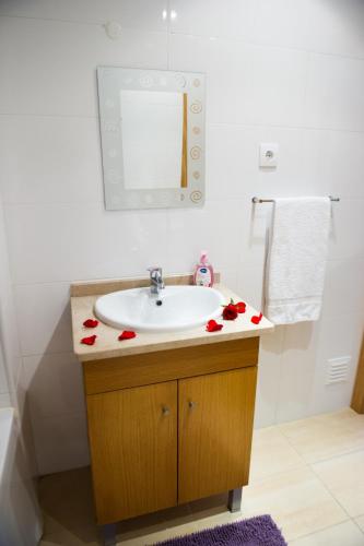 a bathroom with a sink with red roses on it at Alojamentos Campo & Mar - T1 com Piscina in São Martinho do Porto