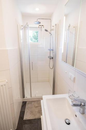 a white bathroom with a shower and a sink at Tom's Seeblick Domizil in Unternarrach