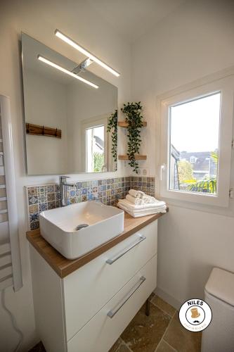une salle de bain avec un lavabo blanc et un miroir dans l'établissement L'Haussmann, Rare, Appartement Vue Château et Palmiers, à Pau