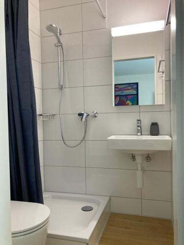 a bathroom with a shower and a toilet and a sink at Furnished studio with garden Seefeld I Tiefenbrunnen in Zurich