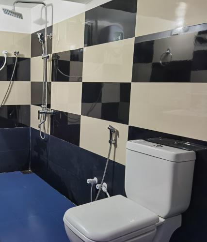 a bathroom with a toilet and a black and white tiled wall at City Paradise Dambulla in Dambulla