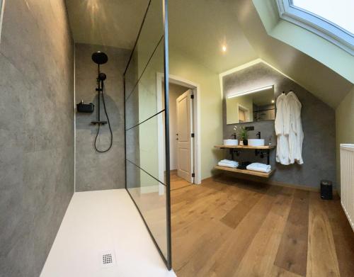a bathroom with a glass shower in a attic at Hallerbos B&B in Bluebell Forest in Halle