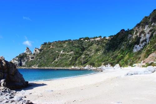 a sandy beach with a mountain in the background at Al Passo di Thalia in Ricadi