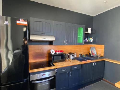 La cuisine est équipée de placards bleus, d'un évier et d'un four micro-ondes. dans l'établissement Le Princess - face au port et à Nausicaa, à Boulogne-sur-Mer