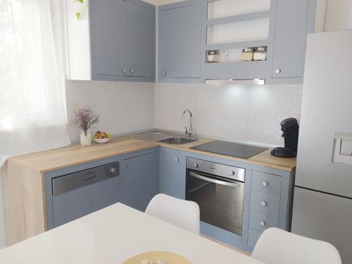 a kitchen with blue cabinets and a sink at Seline Summer Home in Seline