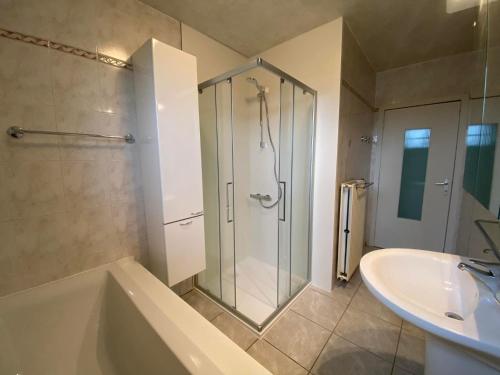 een badkamer met een douche, een bad en een wastafel bij 't Cappellelandhof in Lo-Reninge