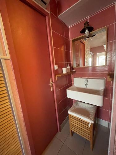 une salle de bain avec un lavabo et un miroir dans l'établissement Villa Naturiste Port Nature, au Cap d'Agde