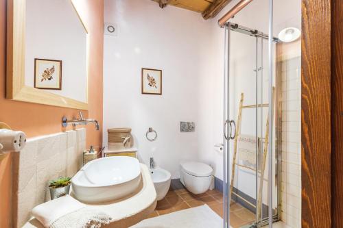 uma casa de banho com um WC e uma cabina de duche em vidro. em Il Nido Romantico em Baunei