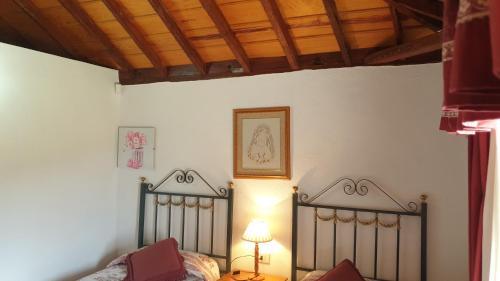 蒂哈拉費的住宿－Climatized Pool Free Wifi Casa Rural Las Pareditas，一间卧室设有两张床、一盏灯和天花板