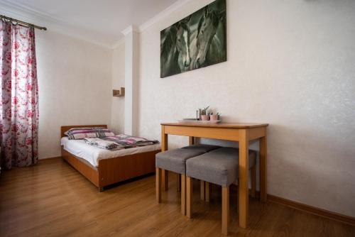 a small room with a table and a bed at Skalny Widok in Hucisko