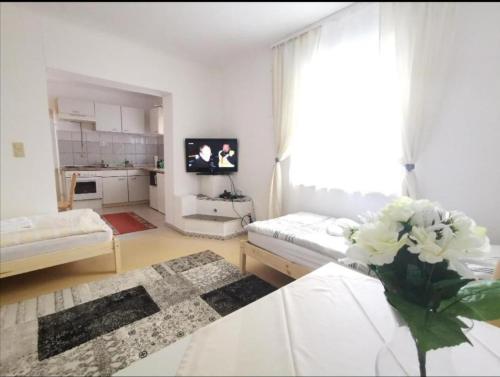 ein weißes Wohnzimmer mit einem Sofa und einem Tisch in der Unterkunft ApartGraz in Graz