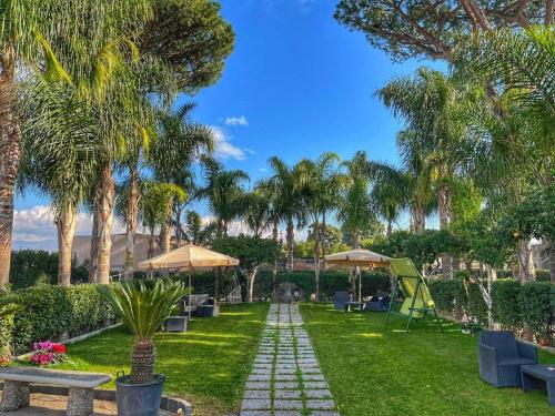 einen Garten mit Palmen, Bänken und Sonnenschirmen in der Unterkunft Green Oasis guesthouse in Pompei