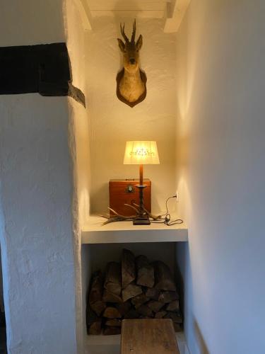 a room with a pile of fire wood and a lamp at Cottage 33 Westhoek in Alveringem