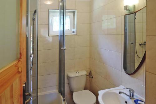 a bathroom with a toilet and a sink and a shower at Holiday resort, Wiselka in Wisełka