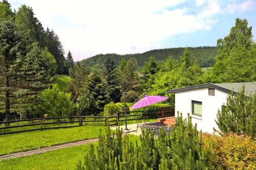 a house with a pink umbrella in a yard at Ferienhaus, Steinbach-Hallenberg in Altersbach