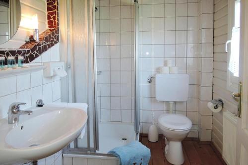 a bathroom with a white toilet and a sink at Cottage, Lissendorf in Lissendorf