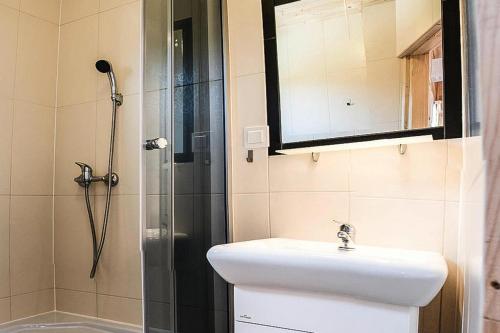 a bathroom with a sink and a shower at Holiday complex, Jezierzany in Jezierzany