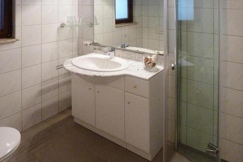 ein Bad mit einem Waschbecken und einer Glasdusche in der Unterkunft Holiday Home Nahetal-Waldau - DMG07059-F in Waldau