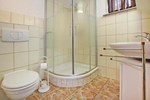 a bathroom with a shower and a toilet and a sink at Holiday home with covered terrace and fireplace in Parchim in Parchim