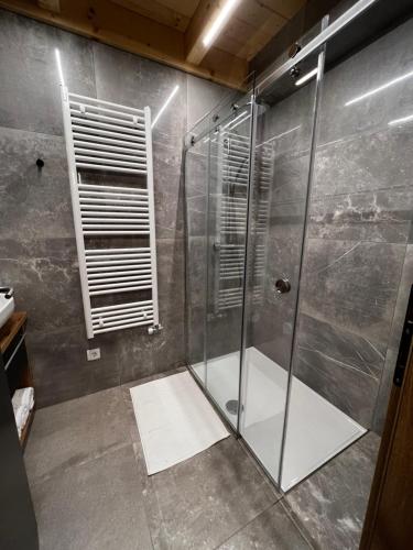 a shower with a glass door in a bathroom at HOLIDAY HOUSE - River Bača in Most na Soči