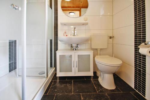 a bathroom with a sink and a toilet and a shower at Holiday house at the Useriner See, Userin in Userin