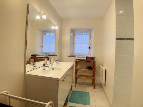 uma casa de banho com um lavatório, um espelho e um chuveiro em Boutons d'or em Tierceville