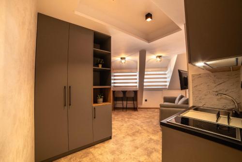 a living room with a couch and a kitchen at Apartments Suncani Vrhovi Kopaonik in Kopaonik