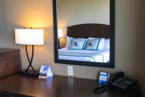 a bedroom with a bed and a mirror on a desk at Swinomish Casino & Lodge in Anacortes
