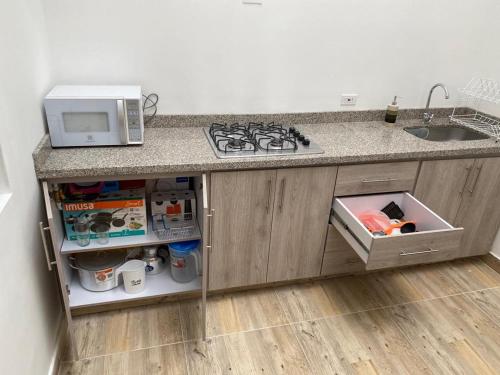 a kitchen with a counter top with a microwave at Habitaciones tipo hotel con terraza in Ibagué