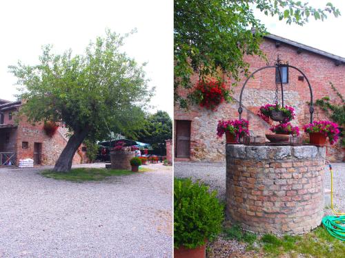 two pictures of a brick building with a tree and flowers at Casa Di Campagna In Toscana in Sovicille