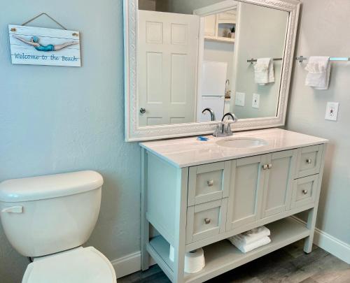 a bathroom with a toilet and a sink and a mirror at Organic Beach Retreat in Daytona Beach