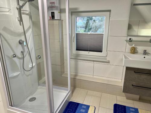 a bathroom with a shower and a sink at Ferienwohnungen Schewe II in Bad Eilsen