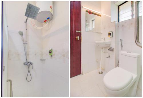 two pictures of a bathroom with a toilet and a shower at Aishwaryam Hotel in Tallākulam