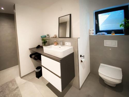 a bathroom with a sink and a toilet and a television at Ferienwohnung Vergissmeinnicht in Gengenbach