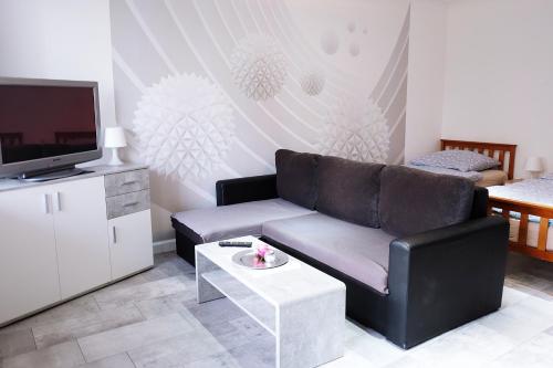 a living room with a couch and a tv at 3 room holiday flat in Hemer