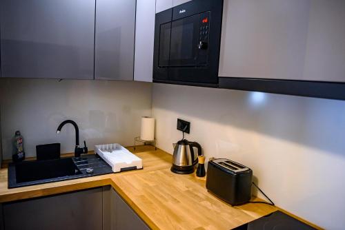 a kitchen with a sink and a stove and a microwave at Wójcik SPA - Krynica Zdrój in Krynica Zdrój