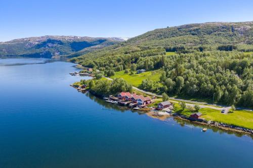 an aerial view of a resort on a lake at Feriehus ved Saltstraumen in Bodø