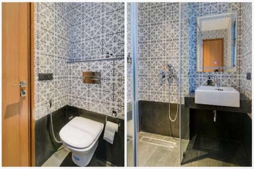 two pictures of a bathroom with a toilet and a sink at Hotel Bluestone - Nehru Place in New Delhi