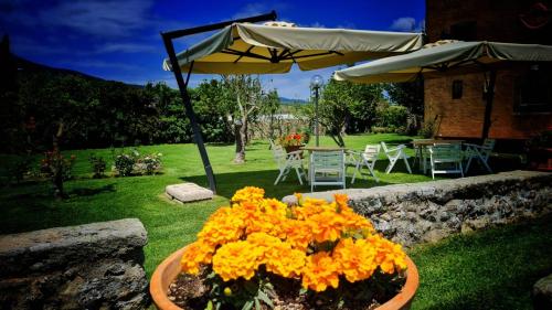 a garden with a table and an umbrella and flowers at Convento San Bartolomeo in Abbadia San Salvatore