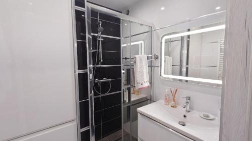 une salle de bain avec un lavabo et une douche avec un miroir dans l'établissement Magnifique appartement à 10mn du Palais, à Cannes