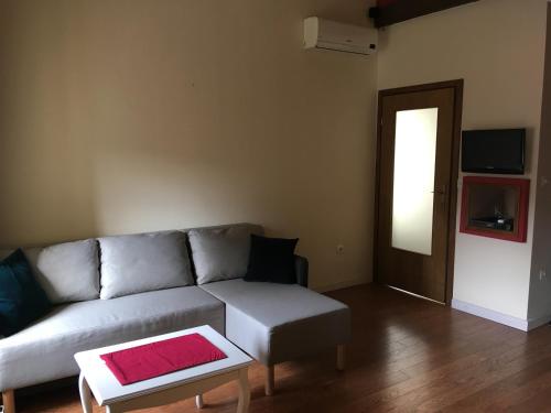 ein Wohnzimmer mit einem Sofa und einem Tisch in der Unterkunft Little Yellow House in Rijeka