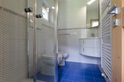 Un baño con inodoro y ducha de cristal. en BAITA CUCOL: APPARTAMENTO CON GIARDINO PRIVATO, en Cogolo