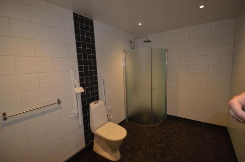 a bathroom with a toilet and a shower at Hotell Gästis Tierp in Tierp