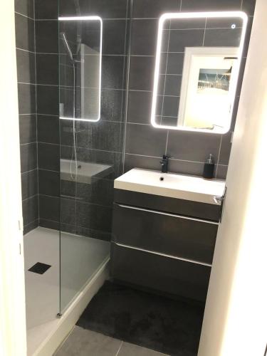 une salle de bain avec un lavabo et une douche en verre dans l'établissement Résidence goulvars., à Quiberon