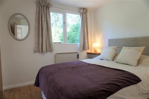 a bedroom with a large bed with a mirror and a window at Secret Chalet in Newton Poppleford