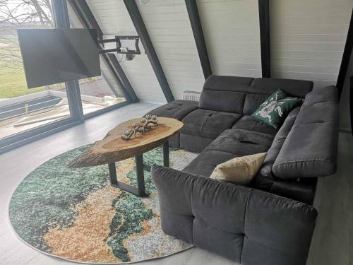 ein Wohnzimmer mit einem Sofa und einem Tisch in der Unterkunft Ferienhaus Fynnhütte in Schwarzenborn